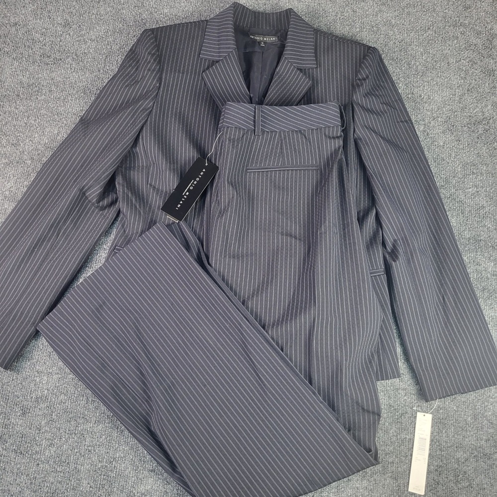 Antonio Melani Santa Fe Pinstripe Pant Suit Set Navy Buttermilk Size 12 NWT